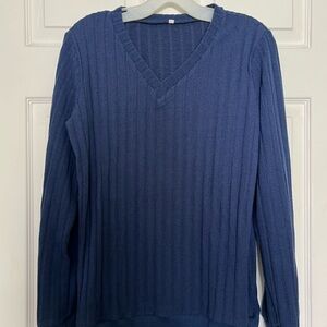 Women's Blue V-Neck Ribbed Sweater